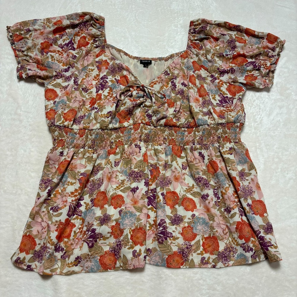 Torrid Floral Puff-Sleeve Smocked Waist Top - Pink/Orange